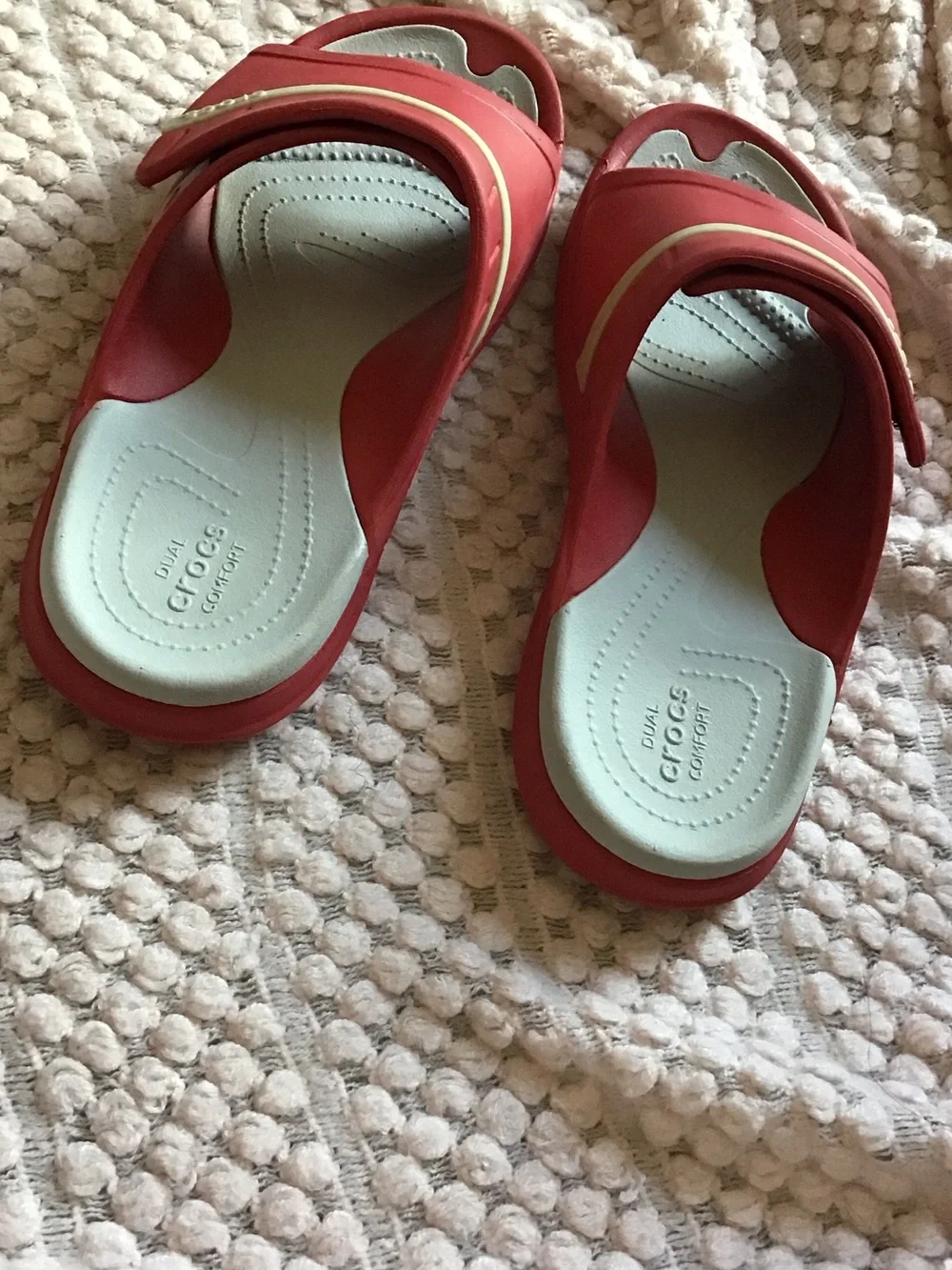 CROCS Women’s red and Light Gray Modi sport Slide Sandals (unisex)